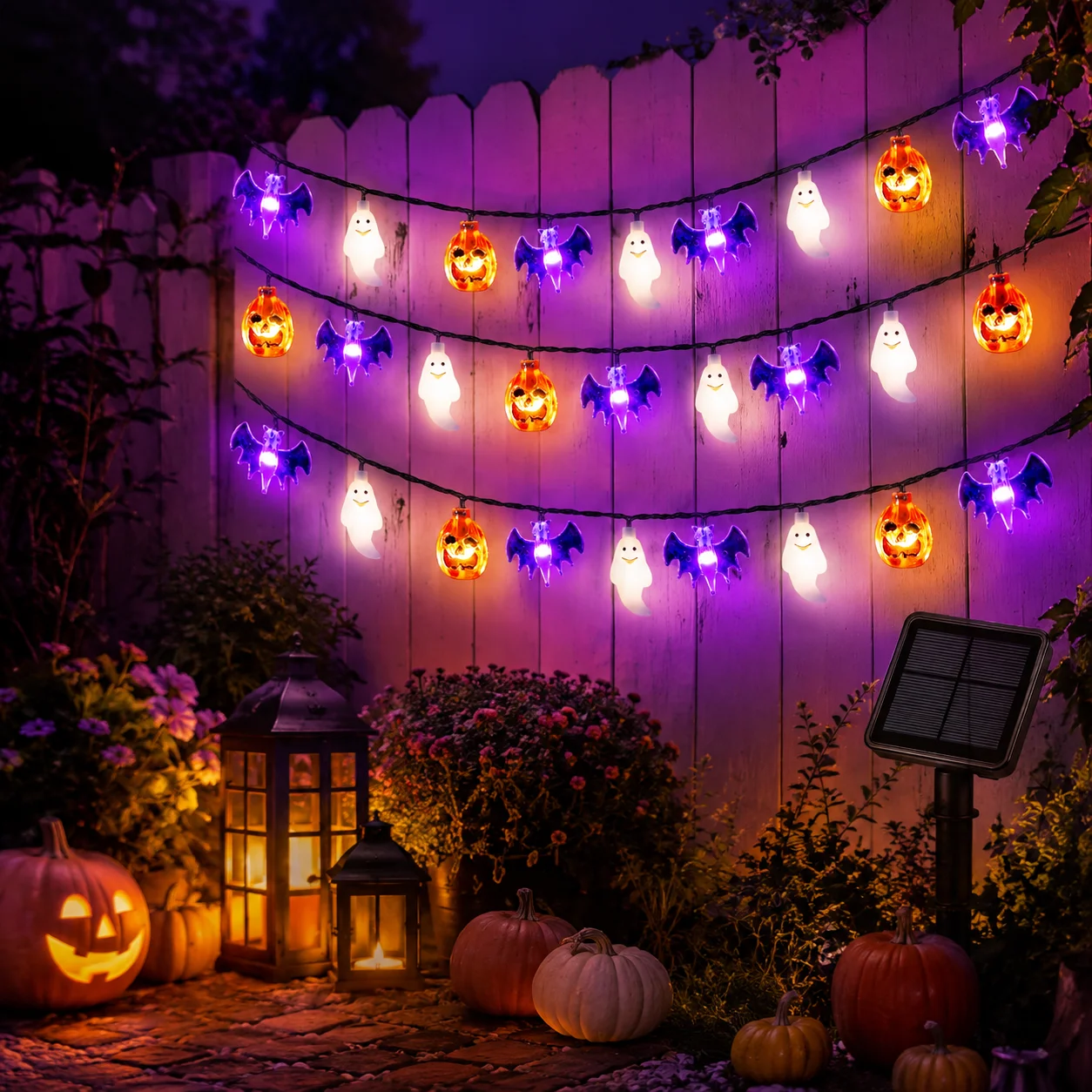 1pc Halloween Solar Pumpkin Ghost Bat String Lights White Light 20/30LED Outdoor Fairy Lights For Front Door Porch Yard Decor