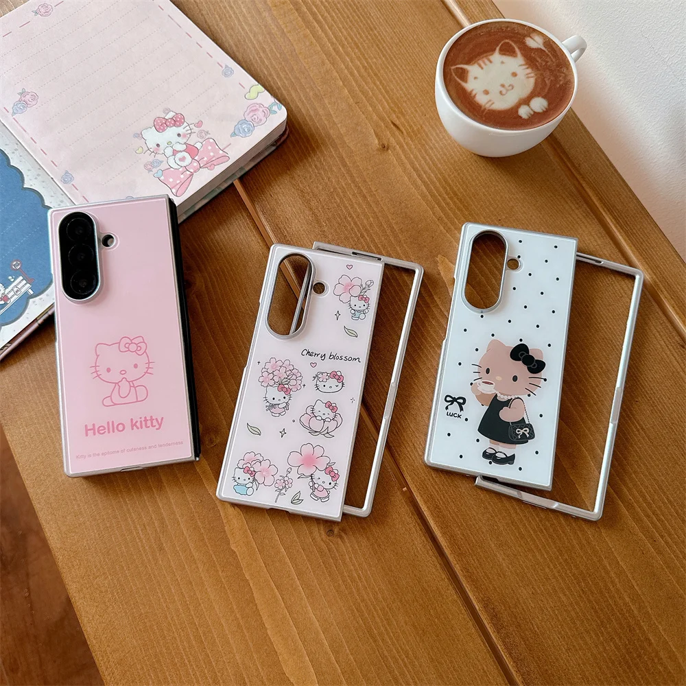 

Cute Flower Kitty Cat Cartoon Phone case for Samsung Galaxy Z Fold7 6 Fold6 7 fold 7 6 Cover Korean Kawaii Shockproof Funda Capa