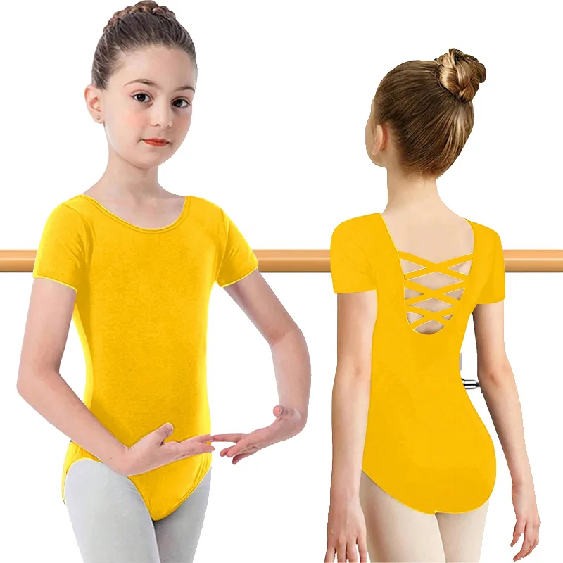 الفتيات فريق قصيرة الأكمام الباليه ملابس رقص الجمباز لفتاة الجمباز الرقص القمم مع الأشرطة المتقاطعة الظهر وبطانة ناعمة ثياب الرقص