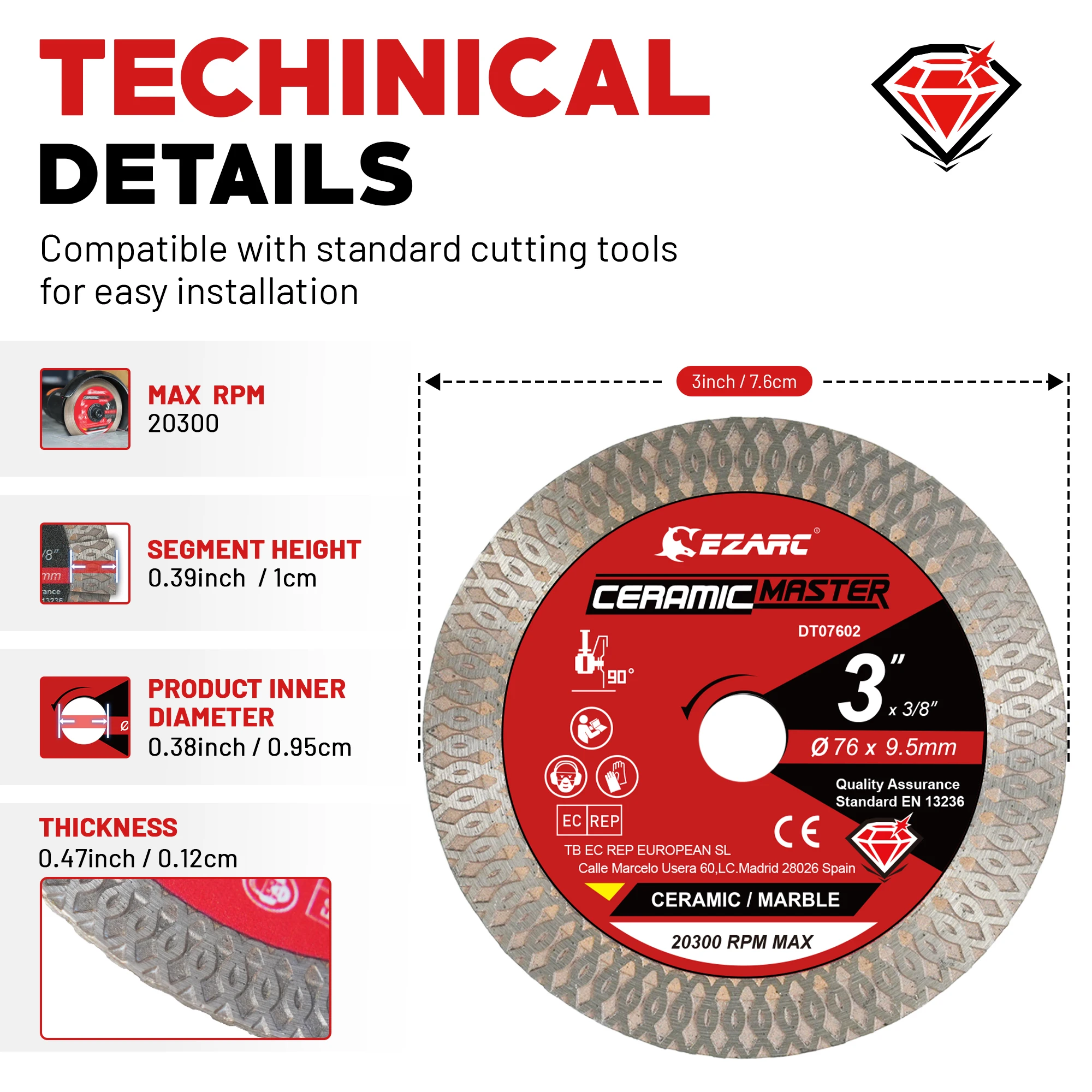 EZARC 3-Inch Super Thin Diamond Blade for Smooth Cutting Porcelain Ceramic Granite Marble Tile, 3/8