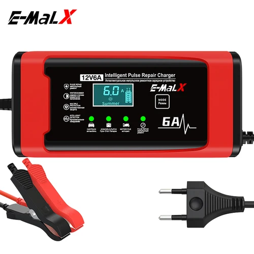 Nuevo cargador de batería de coche inteligente 12V6A unidad de carga de batería de coche y motocicleta 14,6 V LiFePO4 reparación de batería de plomo-ácido pantalla LCD
