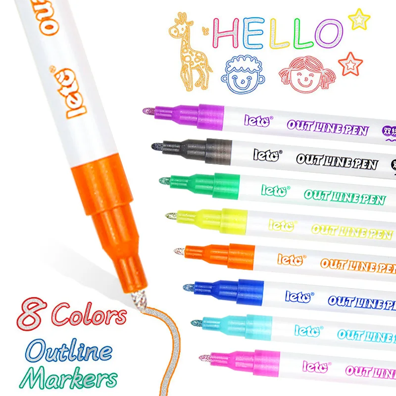 Double Line Contour Pen, 8 Color Suit, DIY Dream Fluorescent Pen, Children's greeting Card, Birthday, graffiti, Metal Border