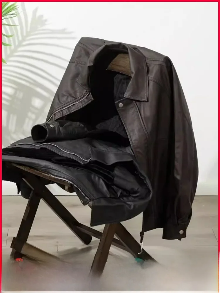 

Heavyweight PU Leather Biker Jaet Men's Autumn Winter Casual Loose Fit Collared Leather Coat Motorcycle Sle Faionable