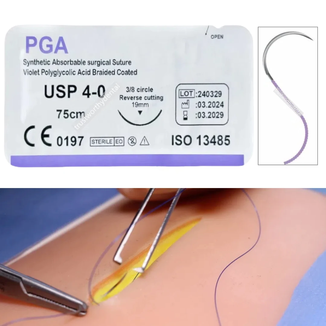 

10~200Pcs Dental Oral Surgical Suture Violet PGA 4-0 75cm 3/8 Reverse Cutting High Quality Suture for Dental Procedures