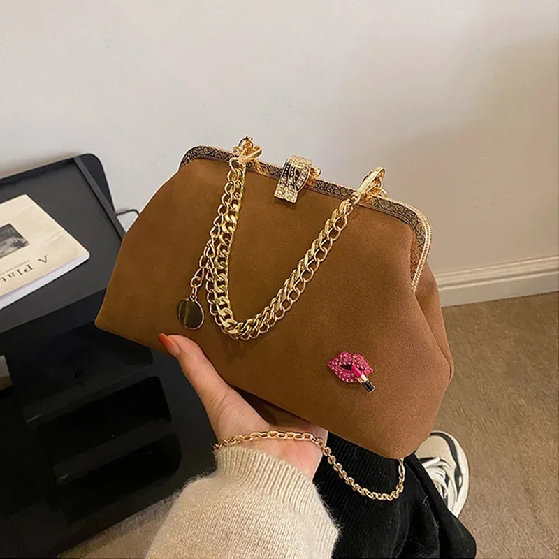 

2023 Autumn Winter Retro Ladies Handbags Beige Brown Wine Red Clutches For Women Dinner Prom Party Chain Shoulder bags Purses