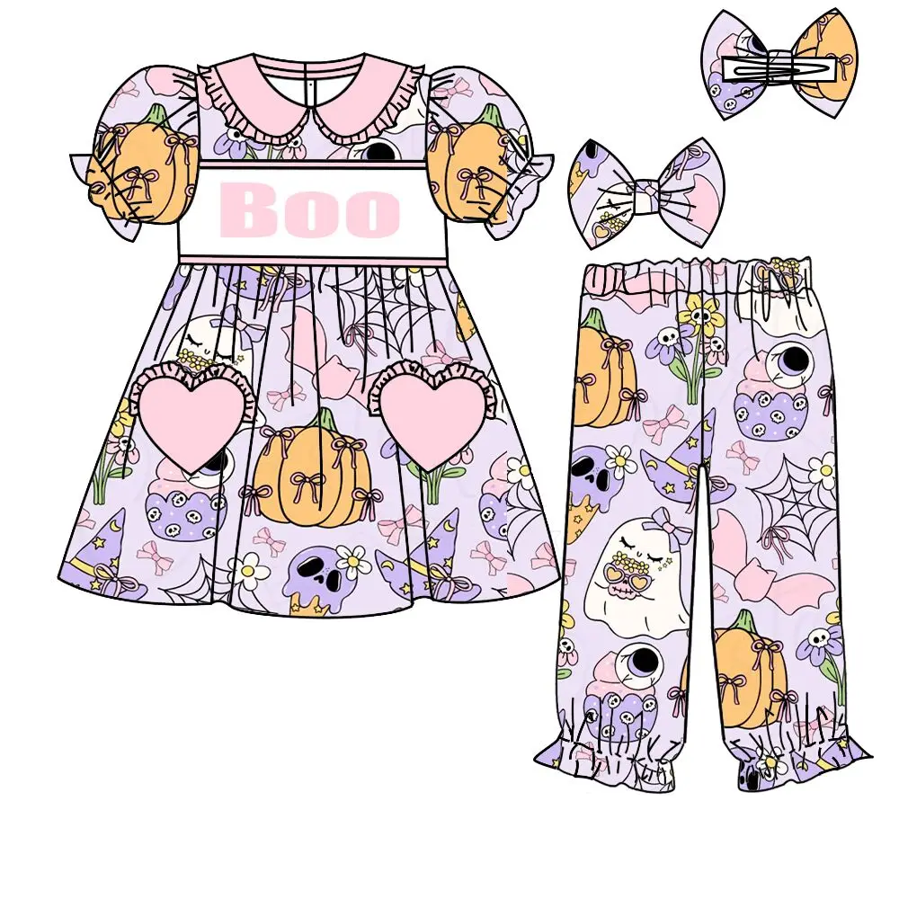 

Brand new and high quality children's suit short sleeve Halloween pumpkin pattern shorts ruffled girls boys pants suit jumpsuit