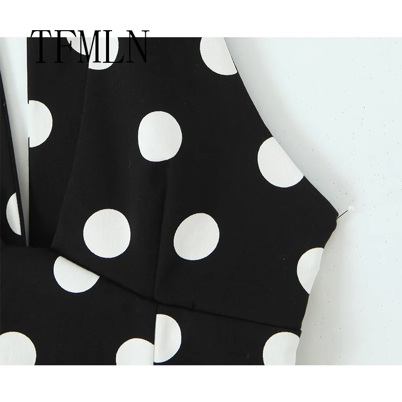 TFMLN فستان نسائي جديد بفيونكة هالتر فستان نسائي أنيق كبير منقط بدون أكمام فستان مثير قصير عالي الشارع