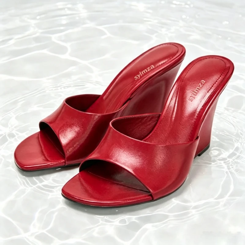Red Soft Leather PU Wedges Sandals Women Concise Wide Strap Across The Front Design Slide Sandals Fashion Round Toe Beach Shoes