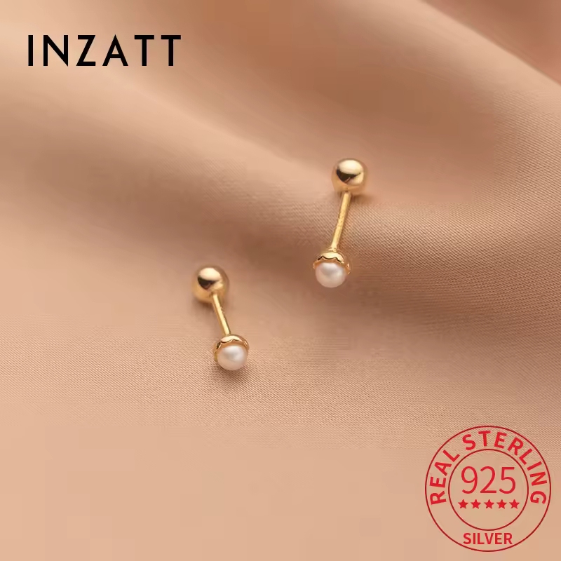 Inzatt אמיתי 925 סטרלינג כסף פנינה חרוז פנינים 18K מיני עגילים לנשים קלאסי משובח תכשיטים פירסינג אוזניים