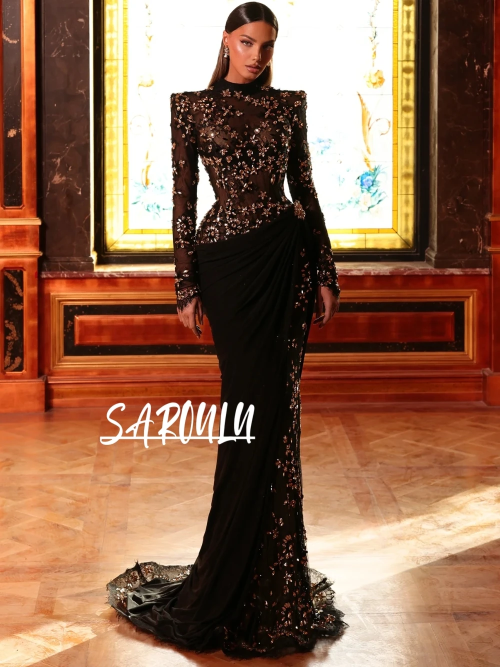 

Черное сексуальное прозрачное вечернее платье с высоким воротом, роскошное облегающее платье с золотыми кристаллами для выпускного вечера, индивидуальная одежда для дня рождения, ежегодного ужина