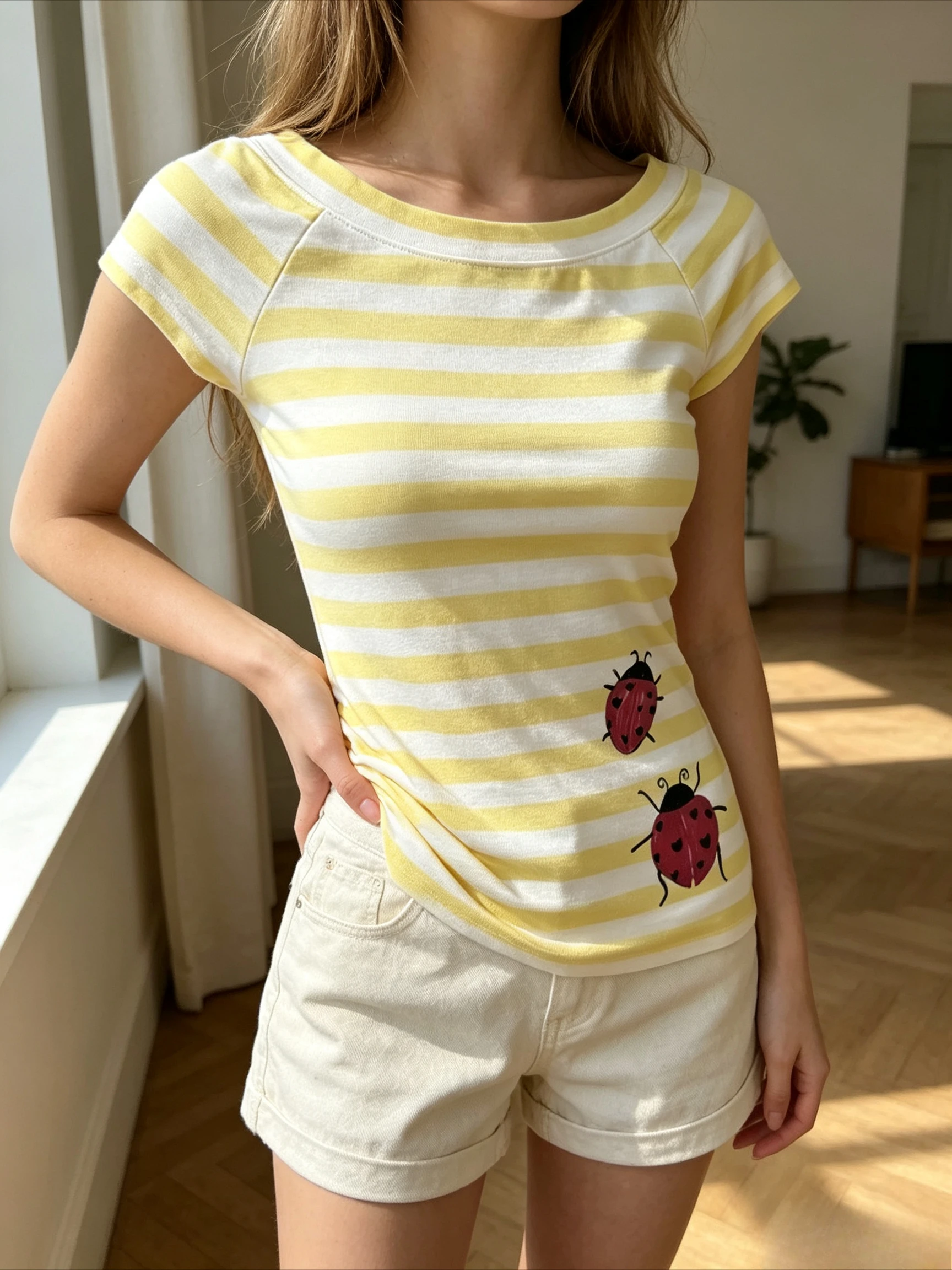 Yellow White Striped Off Shoulder Short Sleeve T Shirt Ladybug Print Slim Fit Stretchy Raglan Casual Summer Basic Streetwear Top