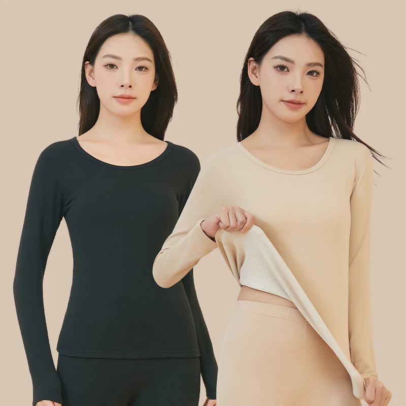 Winter Women Thermal Underwear Seamless Brushed Cashmere Silk Round Neck Shirt Warm Leggings Thermal Top and Pants Two Piece Set