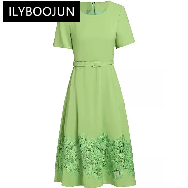 

ILYBOOJUN Fashion Summer Women's Dress Lace Splicing High Waisted Lace-Up Black/Green/White Short-Sleeved Dresses For Women 2024