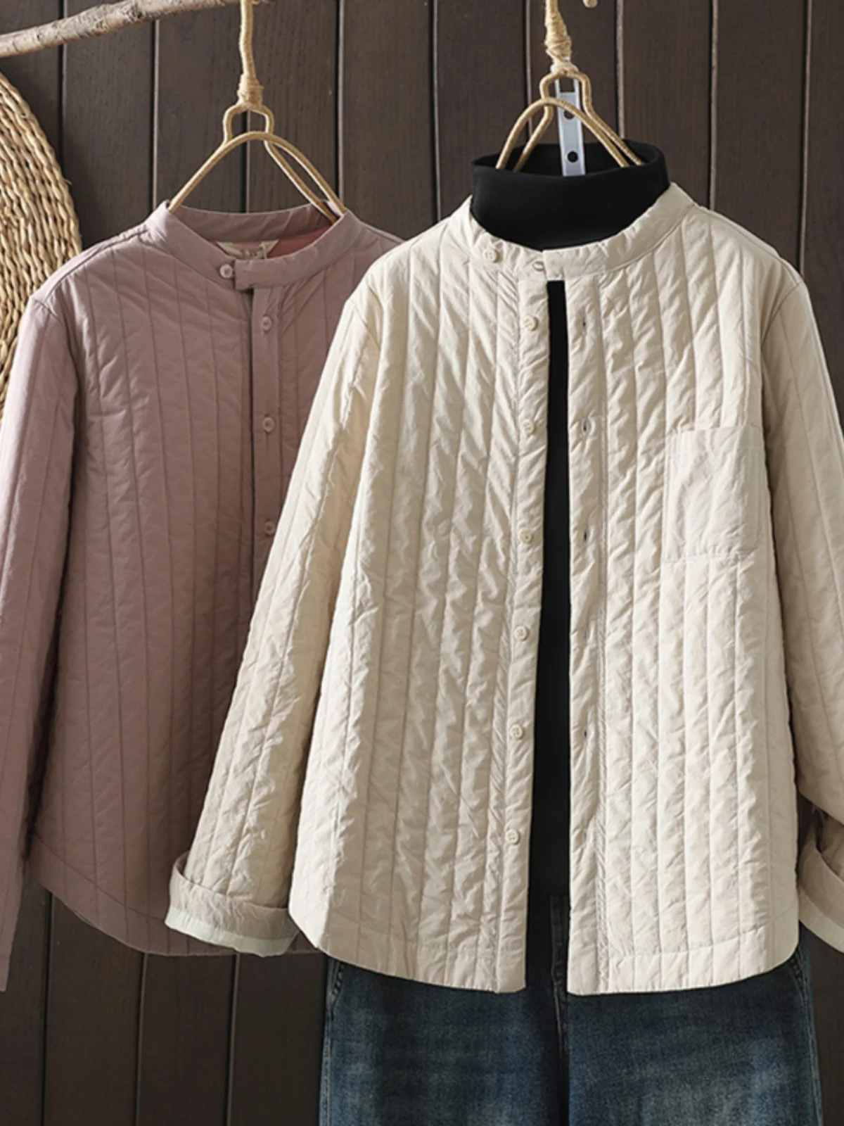 

Women's Plaid Quilted down Cotton Jaet Loose Fitting Thi Warm Cotton irt Coat Vintage Sle Long Sve Button Closure