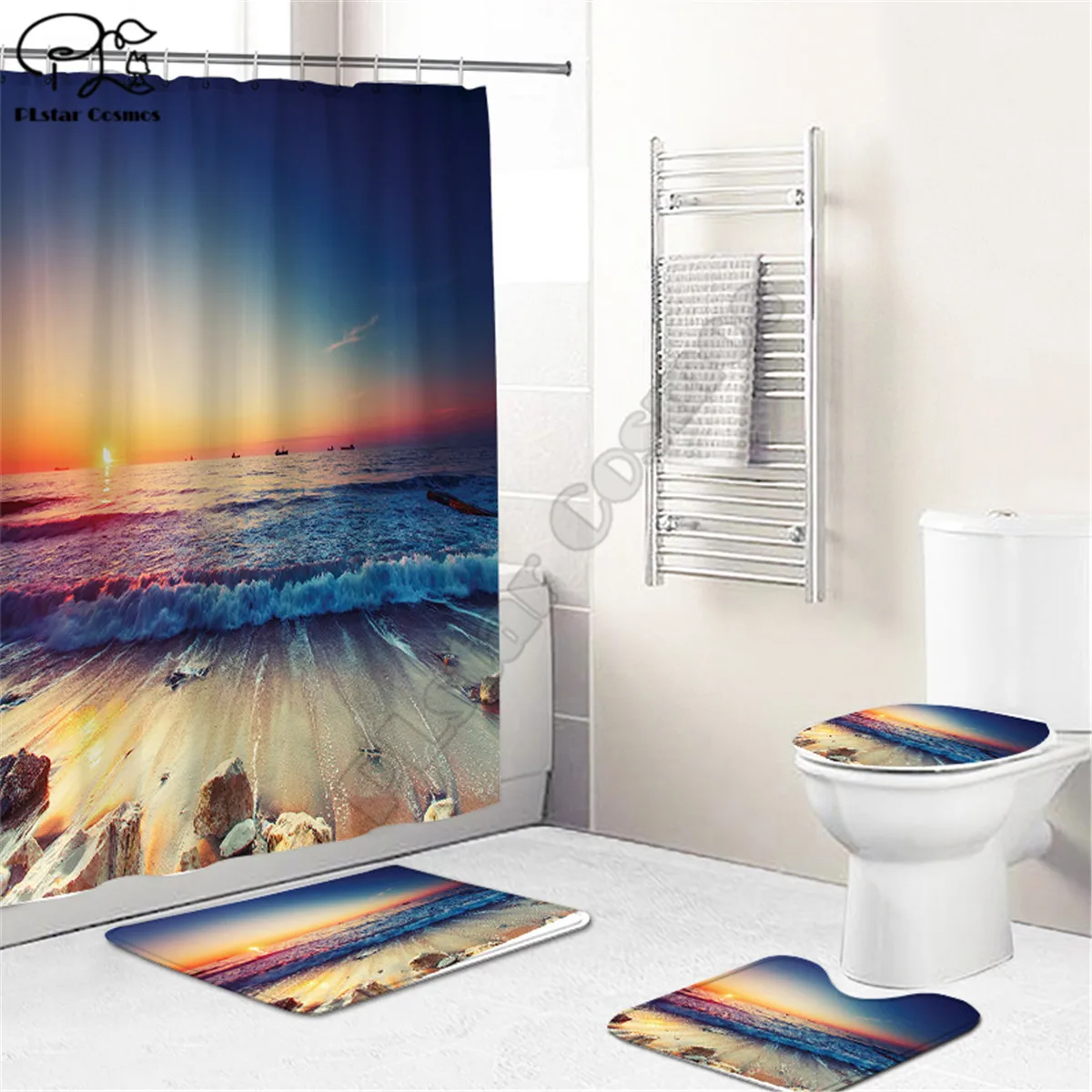 Sunset on the Beach Bathroom Set Together Shower Curtain Rug Set Bathroom Mats Rugs Toilet Decor Mat 3D Printed 01