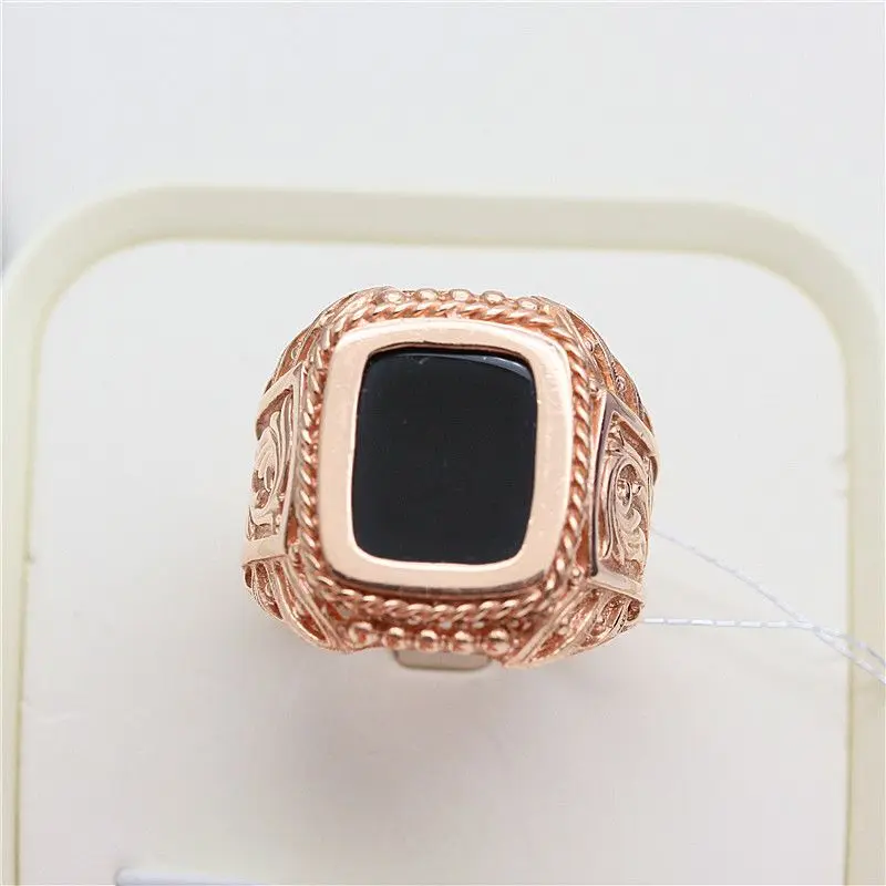585 Purple Gold Couple's Ring Exquisite Craftsmanship Plating 14K Rose Gold Square Black Agate mens rings banquet Jewelry Gift