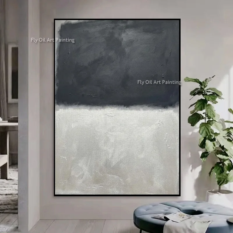 100% Handmade Mark Rothko Style Two‑Tone Grey Beige Thick Canvas Wall Art Impasto Abstract Oil Painting For Accent Decor
