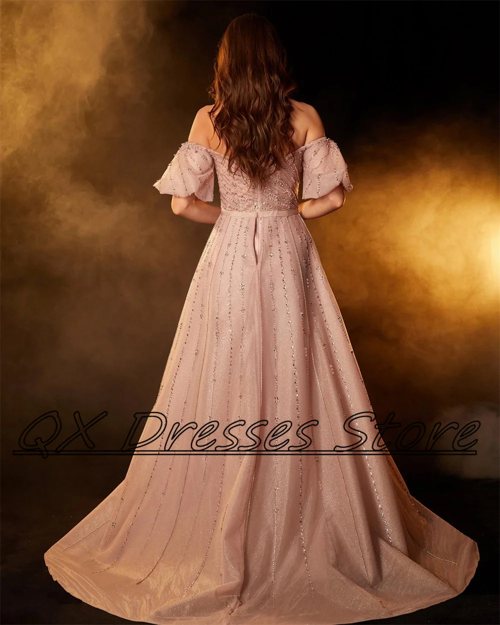 Customized Exquisite es for Women Boat Neck Off the Shoulder Beading Straight Sweep Train Evening Gown فساتين مناسبة رسمية