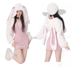 Winter Kawaii Wool Short Coat Women Japanese Sweet Lolita Bunny Ear Hoodies Overcoat Korean Style Y2k Warm Outwear Jacket 2023