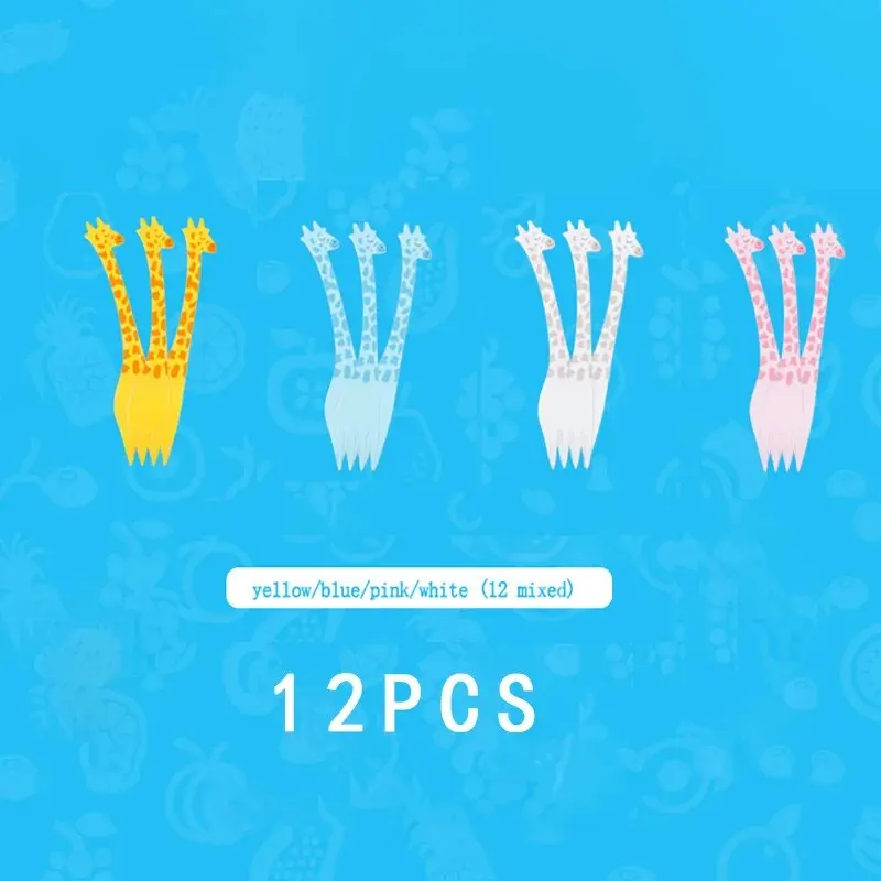 EW Giraffe Fruit Fork Cute Children\'s Plastic Tableware Set Creative Tableware Dessert Fork 12 PCs Set