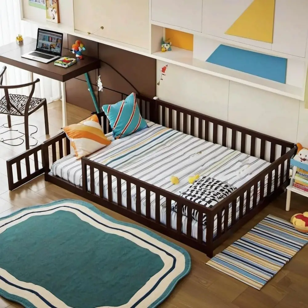 PVWIIK ull Size loor Bed with ence and Door,Easy to Assemble Wood Bedstead,Platorm Bed w/Saety Guardrails/Near the Ground,