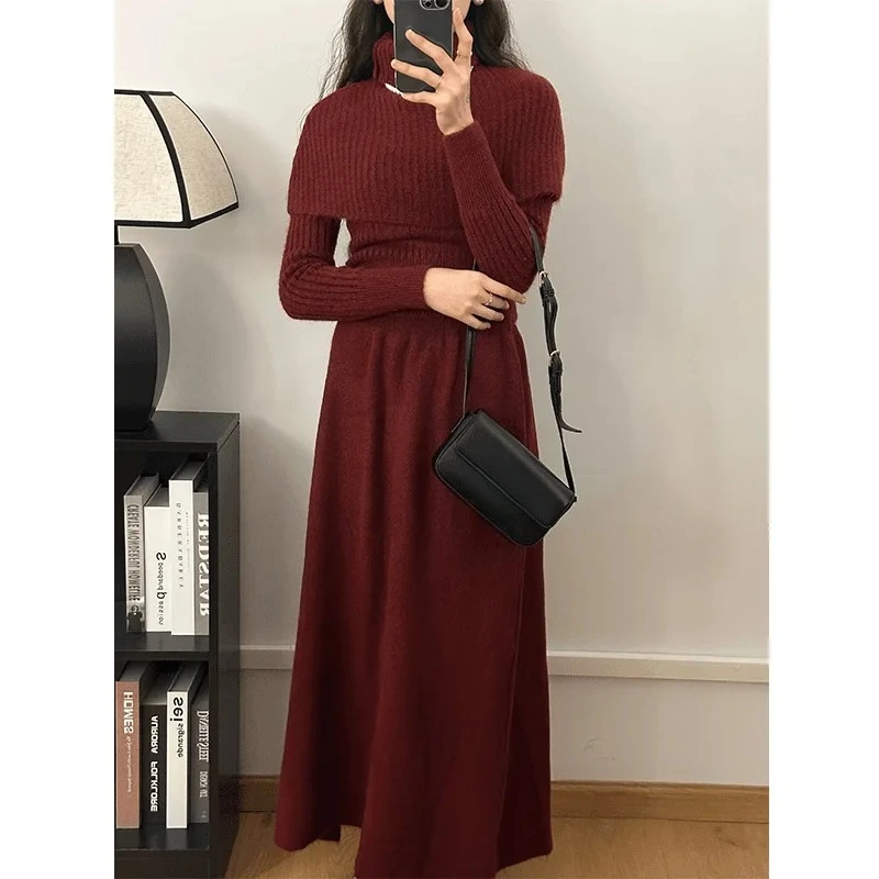 

Women's French Style High Neck Knit Dress Set 2025 Fall Winter 3-Piece Outfit with Coat & Base Layer