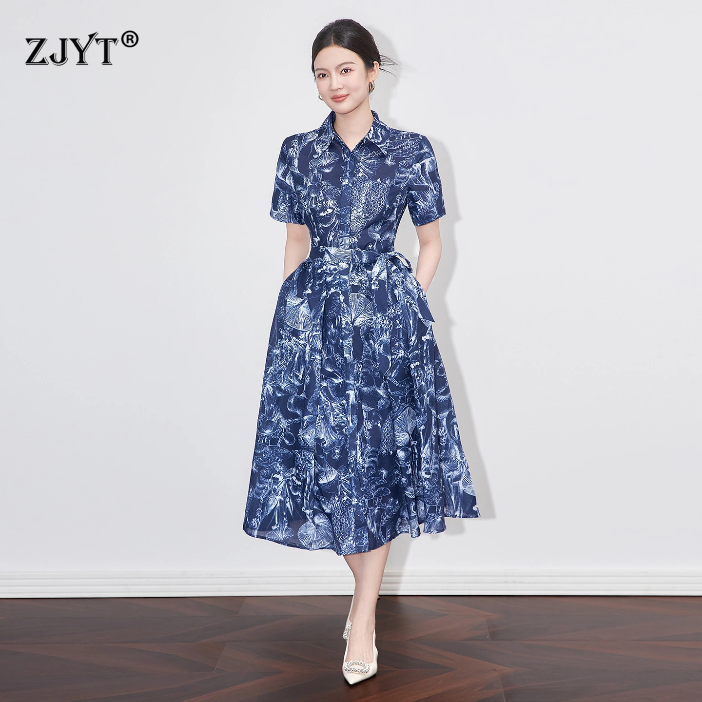 

ZJYT Summer Fashion Runway Blue Print Vintage Shirt Dresses for Women Short Sleeve Lace Up Single Breasted Casual Vestidos 2025