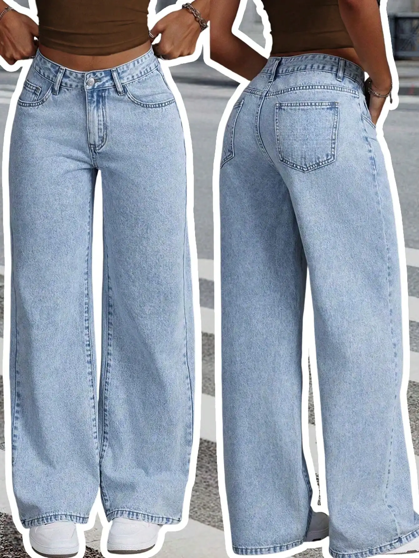 

Женские светло-голубые джинсы с широкими штанинами и средней посадкой, повседневные джинсовые брюки в уличном стиле с эффектом потертости