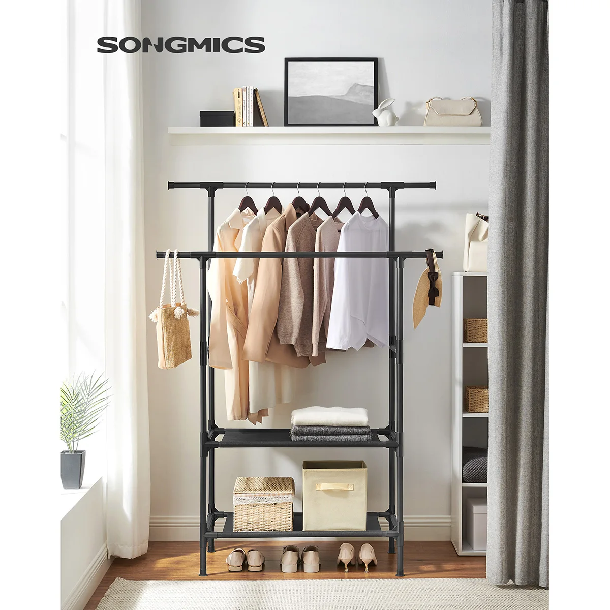 Support à Vêtements Double Barre en Métal, Support de Rangement à 2 NiLiaux, 113x45x171cm, Charge 70 kg