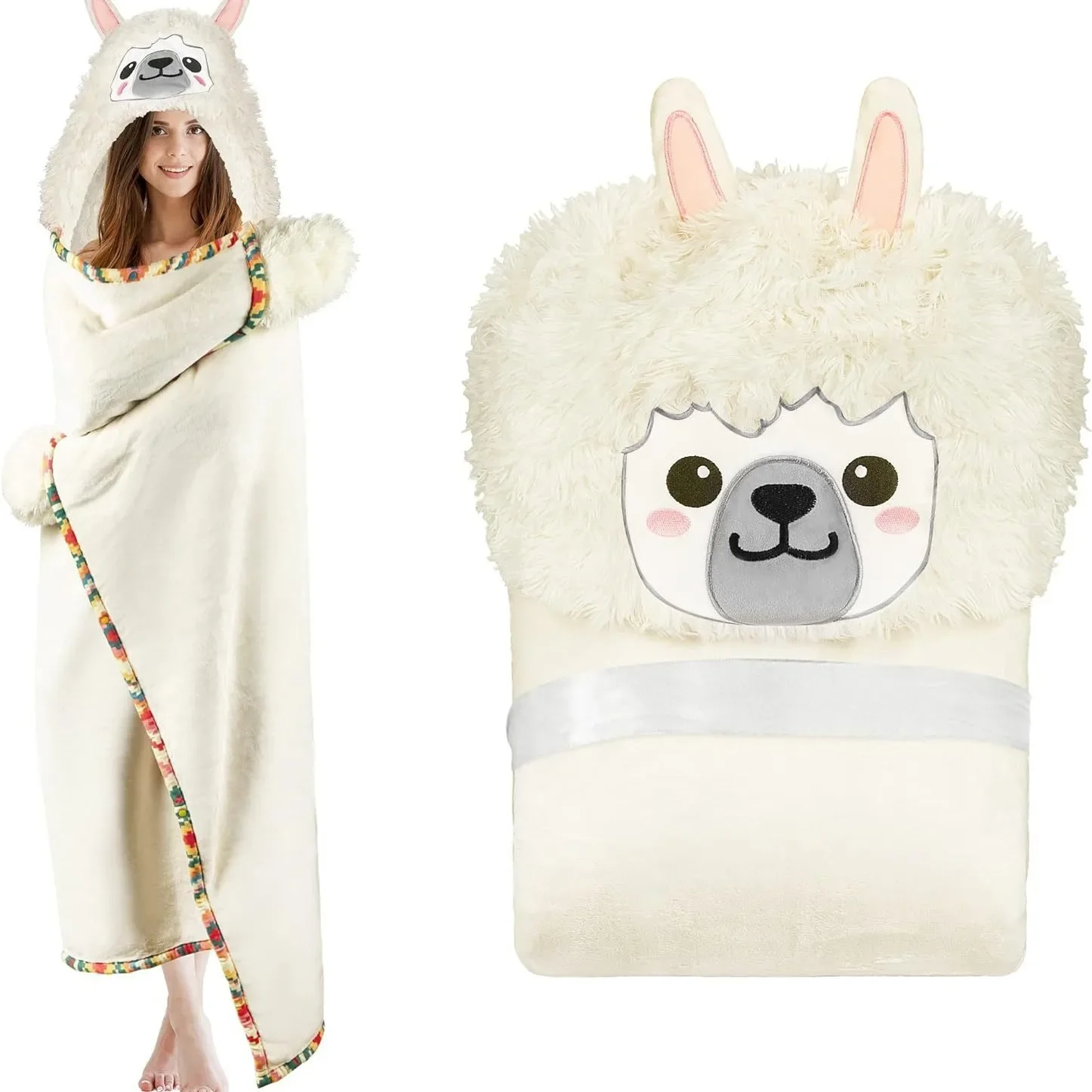 

Hooded Thick Warm Lamb Mantle Flannel Shawl Hooded Bathrobe Blanket Alpaca