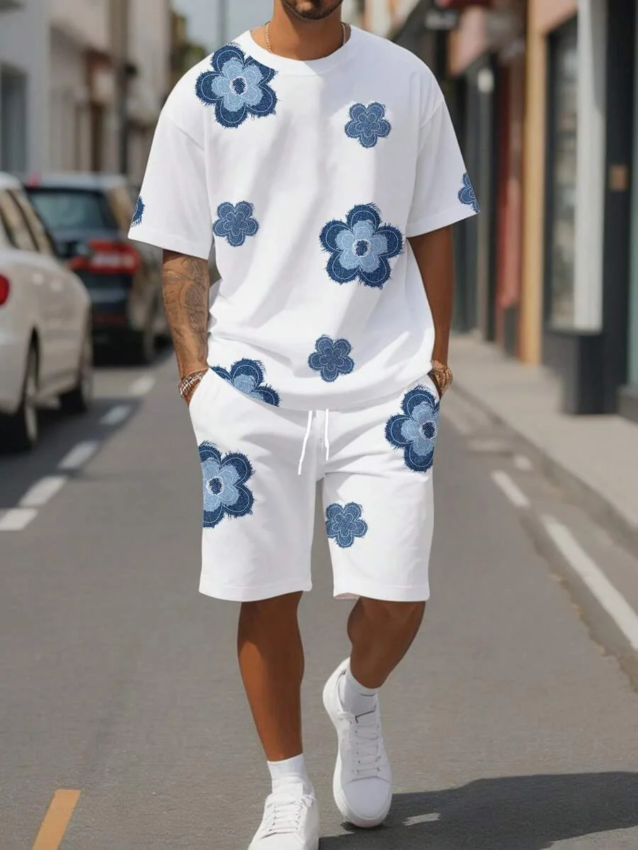 

2026 Summer Men's Breathable and Comfortable Round Neck T-shirt Shorts with Printed Pattern Outdoor Casual Two-piece Set