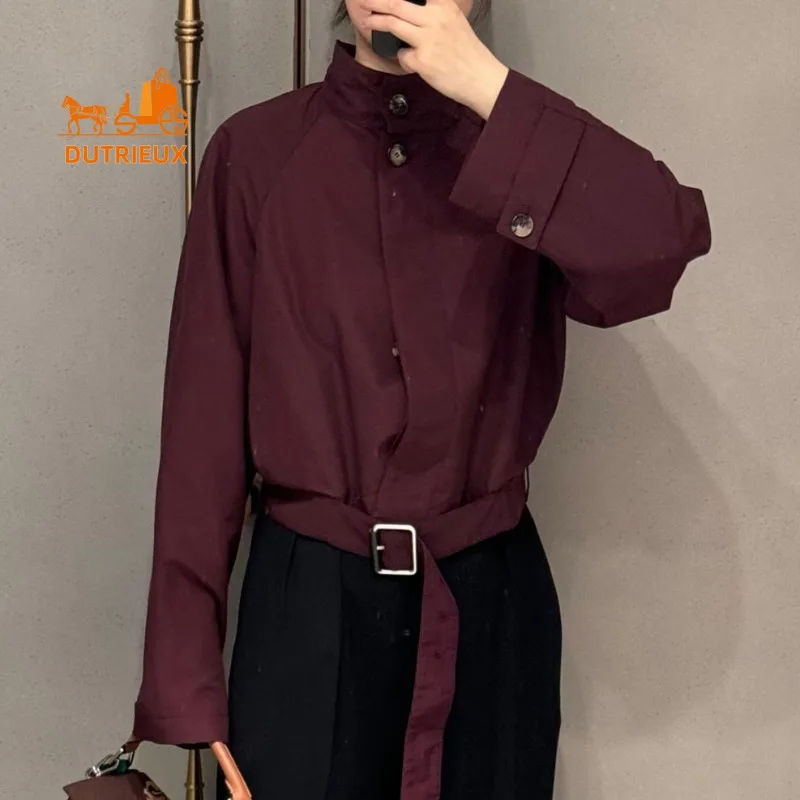 Women's Autumn and Winter Waist Tie Half Turtleneck Jacket,100% Polyester Short Version Versatile Modern and Fashionable Buttons