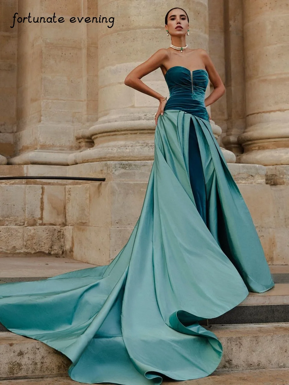 Fortunate Evening Elegant Vintage Sexy Sweet Green Velvet Ruffle Strapless Formal Occasion Prom Dress Evening Party Gowns