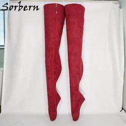 Sorbern Wine Red Ballet High Heelless Women Boots 95cm Crotch Thigh High Boot Lockable Zipper Zipper Plus Size