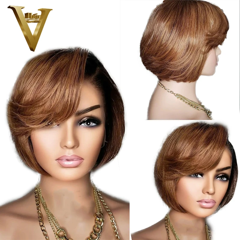 

Short Bob Honey Blonde Ombre Colored Wig Straight 13X4 Lace Front Human Hair 4X4 Closure Frontal Wigs With Bangs Black Women