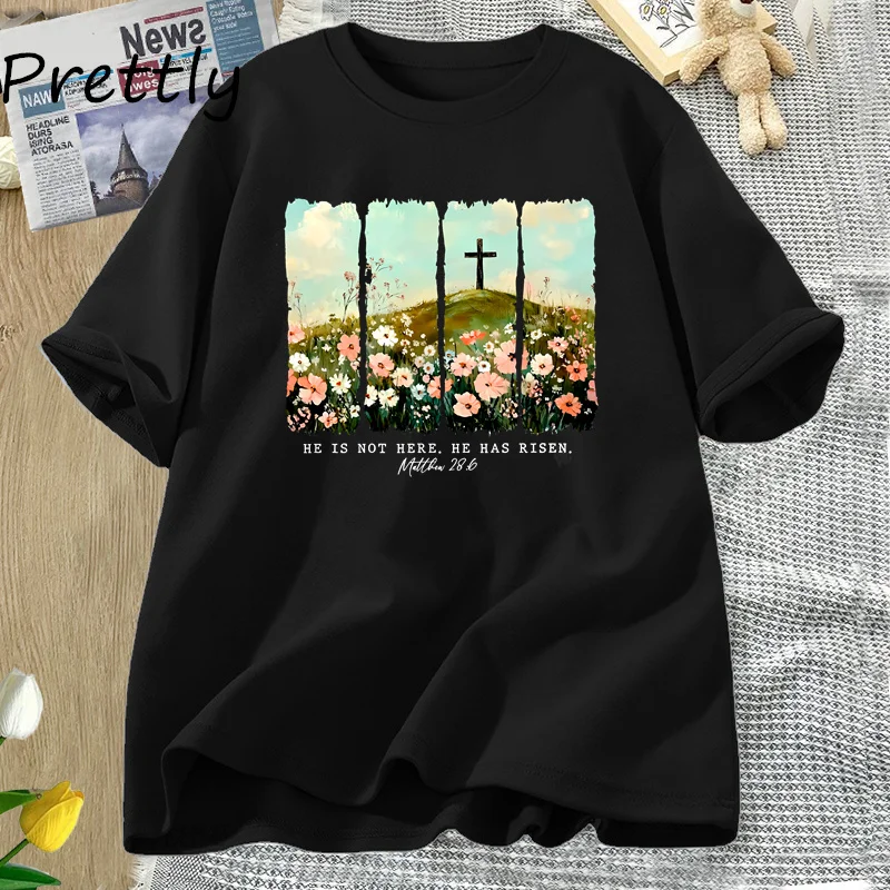 

Футболка с принтом He Is Risen Wildflower, весенняя пасхальная футболка с дизайном, женская модная футболка с Пасхой, христианским Иисусом, женская одежда