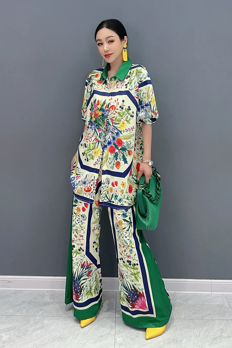 2024 Autumn New Elegant Fashion Loose Set Women Long Sleeve Printed Shirt Wide Leg Pants Two Piece Set Ladies J399