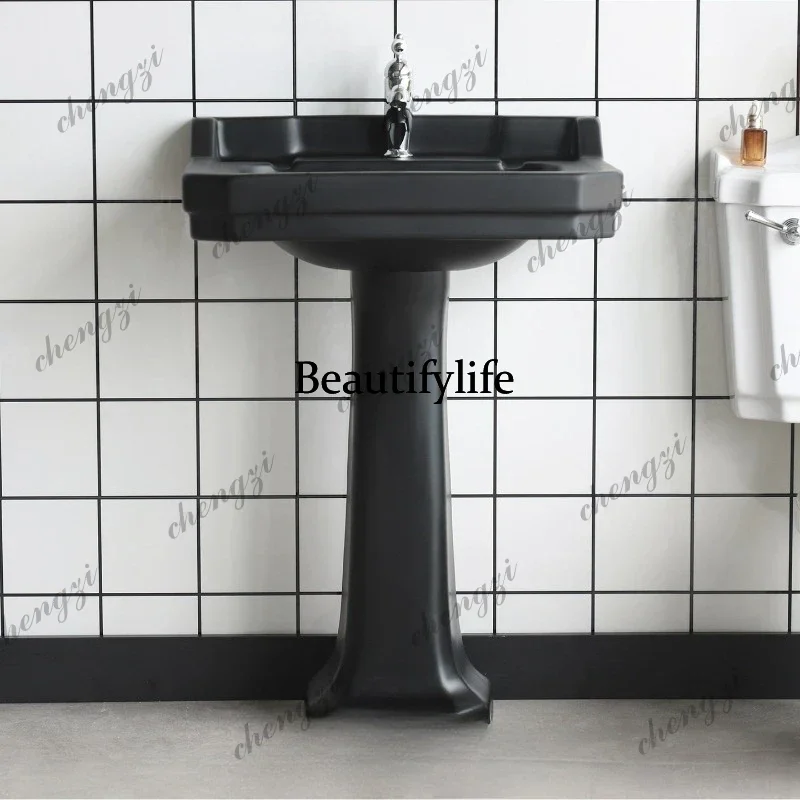 DD French retro dumb black ceramic column face wash hand basin balcony bathroom integrated floor type