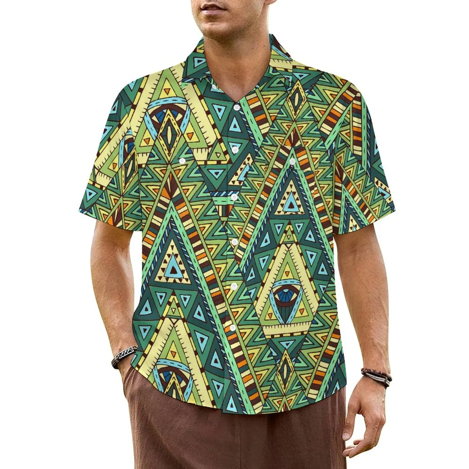 Hawaiian Shirt Beach Boho Ethnic Blouses Green And Yellow Novelty Casual Shirts Man Short Sleeves Streetwear Oversized Tops