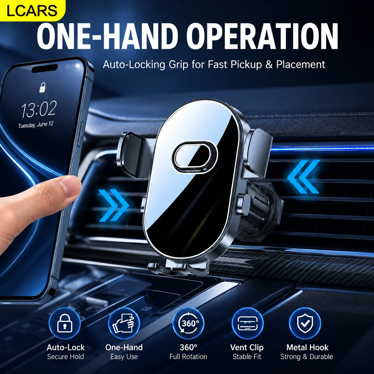 Lcars Car Air Vent Phone Holder, Metal Hook for Stability and Anti-Shake, One-Handed Placement and Removal of Car Navigation Holder