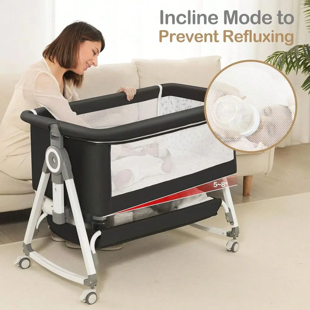 Bassinet, Bedside Bassinet For Baby, 4 In 1 Bassinet Bedside Sleeper With Locked Wheels, Mosquito Net, Adjustable Easy Folding view 4