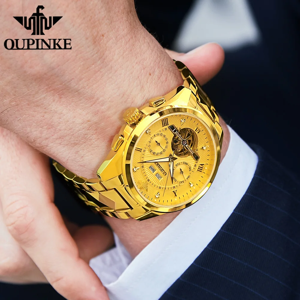 ساعة يد ميكانيكية أوتوماتيكية للرجال من OUPINKE مقاومة للماء ساعات رجالية فاخرة مضيئة من الفولاذ التنغستن 3265