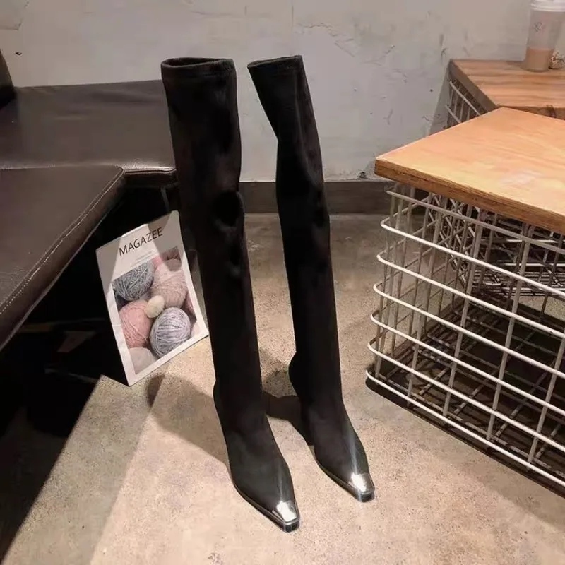 2026 High Boots for Women's High Heels Fashion Dress Shoes Pointed Toe Suede Designer Winter Botas Luxury Mujer Chelsea Boots
