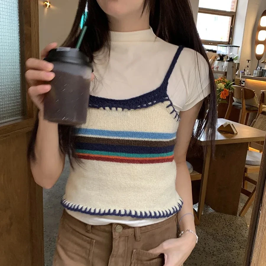 Vintage Striped Print Knitted Vest Women Overlap Slim Fit Bottom Camis Crop Top 2025 Autumn Outerwear Y2k Sweater Pulls