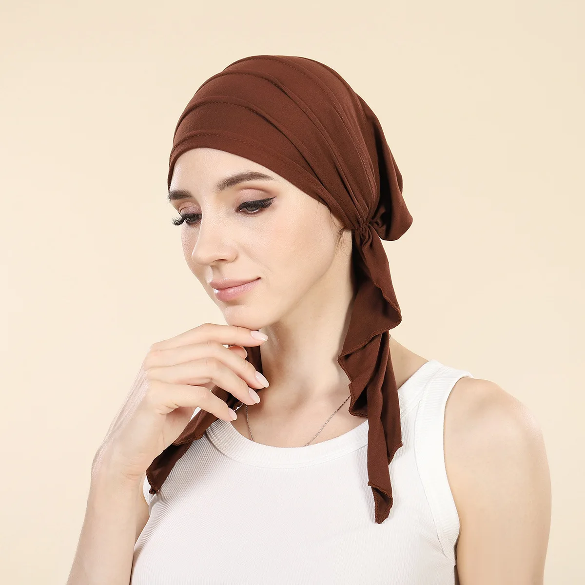 Muslim Women Stretch Solid Colors Turban Hat Cancer Chemo Beanies Caps Pre-Tied Scarf Headwear Headwrap Hair Accessories Mujer