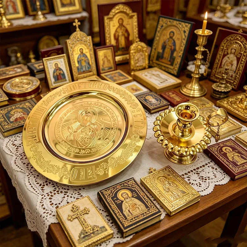 New Handcrafted Gold Plated Orthodox Candle Holder with Disk Tray for Church Liturgy Home Altar Prayer Devotion Christian Gift
