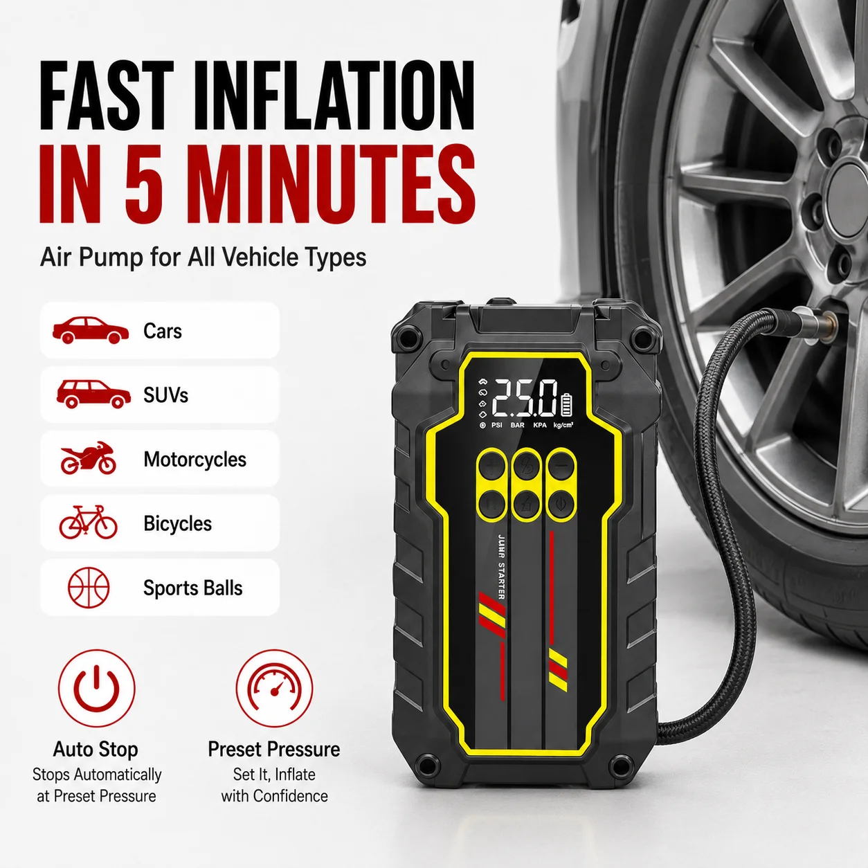 150PSI Luftkompressor Reifenfüller, 1200A Auto-Starthilfe, 10000mAh Powerbank Tragbar, Notstartgerät mit Campinglicht SOS Niedrigtemperaturstart