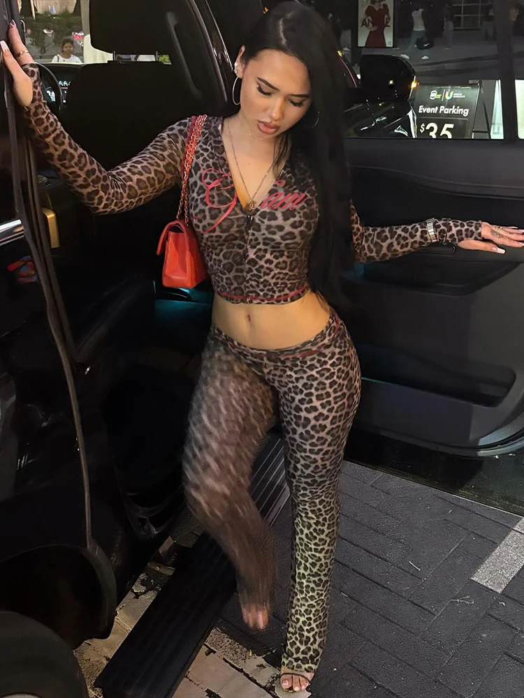 

Kliou комплект из 2 предметов с леопардовым принтом, женский кардиган на молнии, укороченная куртка с длинными рукавами + узкие персиковые бедра, длинные брюки, наряды в диком стиле