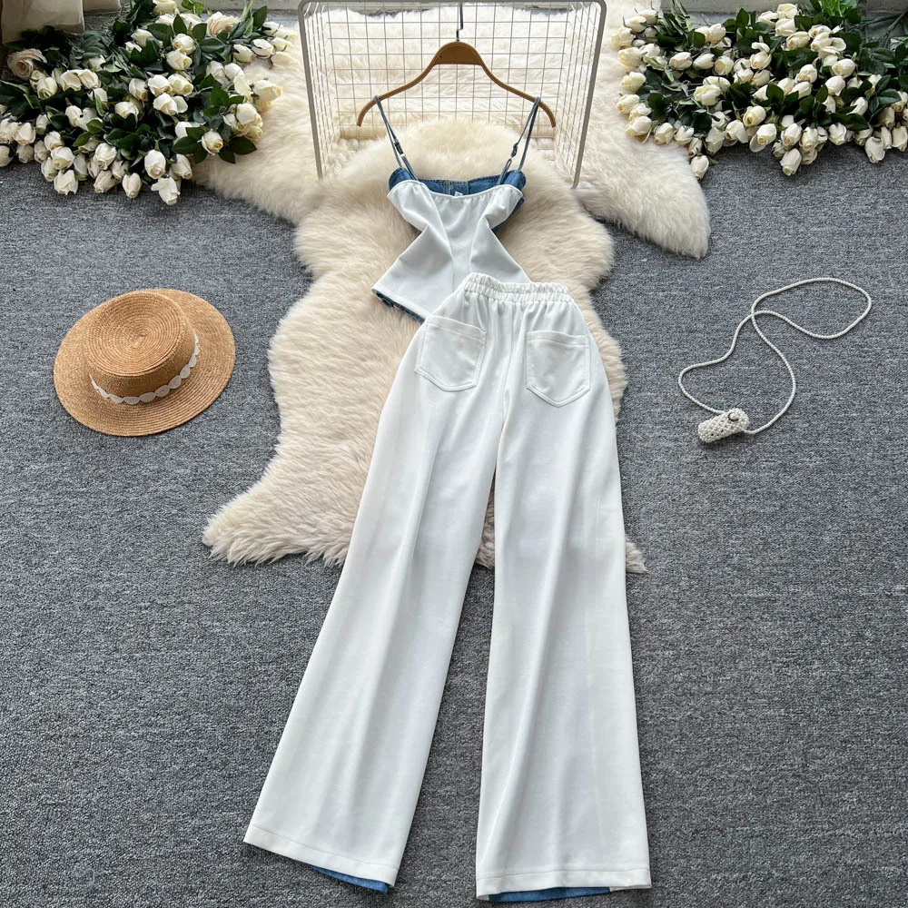 ジーンズスーツ レディース デニム ツーピースセット レーススリングトップ キャミソール ワイドレッグパンツ パッチワークボタン トラウザーズ アウトフィット サマーアンサンブル