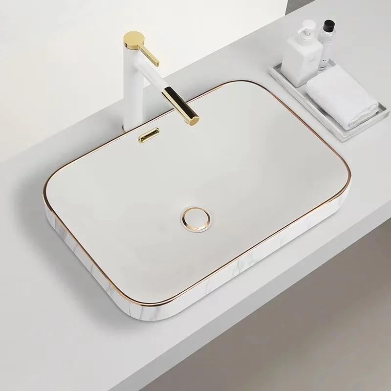 

Semi-embedded basin, medium basin, light luxury, gold edge basin, hand wash basin, washbasin, ceramic rectangular shape